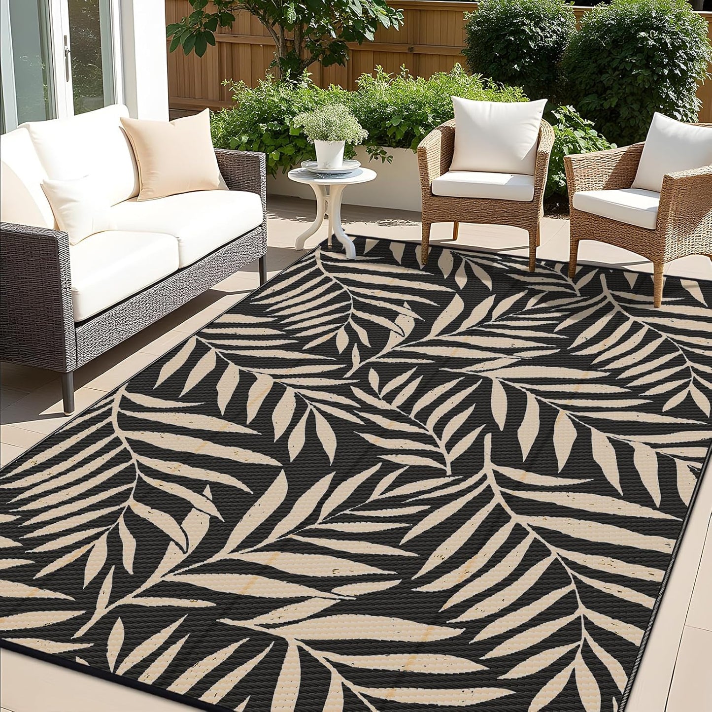 OLANLY Waterproof Outdoor Rug 6x9 ft, Reversible Outdoor Plastic Straw Rug with Leaf Pattern, RV Mat, Indoor Outdoor Carpet for Patio, Camping, Balcony, Deck, Backyard, Black & Beige