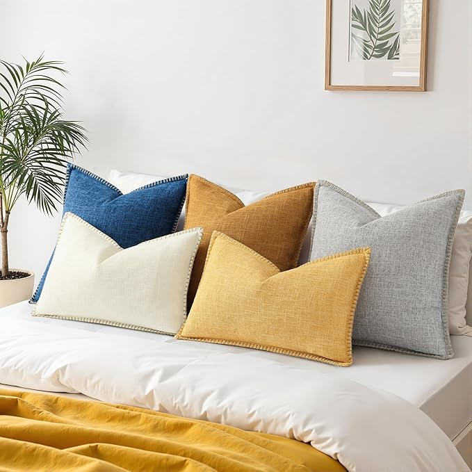 decorUhome Summer Decorative Throw Pillow Covers 20x20 Set of 2 Square Faux Linen Outdoor Neutral Farmhouse Pillow Covers with Stitched Edge for Couch Sofa Living Room, Dark Blue