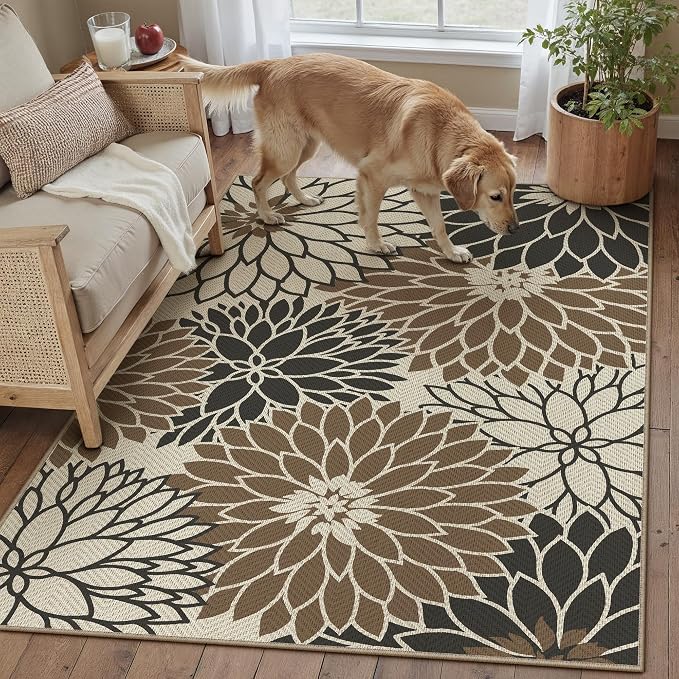 HUGEAR 3'x5' Waterproof Floral Outdoor Rug Patio Linen-Look Black Brown Floor Mat for Camping RV Outside Area Rug Deck Porch Balcony Backyard Picnic Beach Carpet Decor