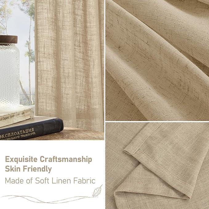 LAMIT Semi Sheer Linen Curtains 54 Inch Length 2 Panels, Brown Light Filtering Panels Back Tab and Rod Pocket Neutral Drapes for Kitchen/Window/Bedroom, 52 x 54 Inch