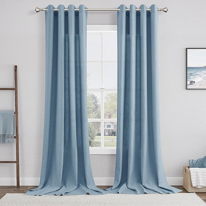 Dusty Blue Linen Curtains 120 Inches Long for Living Room Grommet Light Filtering Flax Farmhouse Sheer Tall Curtain 2 Panels Set Blue Grey Modern Lightweight High Ceiling Window Drapes 52x120