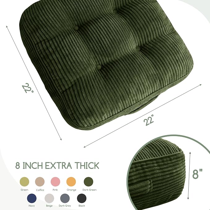 HIGOGOGO 8" Extra Thick Floor Pillow Cushion for Adults, Meditation Cushion Pillow, Large Square Floor Sitting, Tufted Corduroy Cover, for Tatami Living Room or Yoga, 22x22 Inch, 2Pack, Dark Green