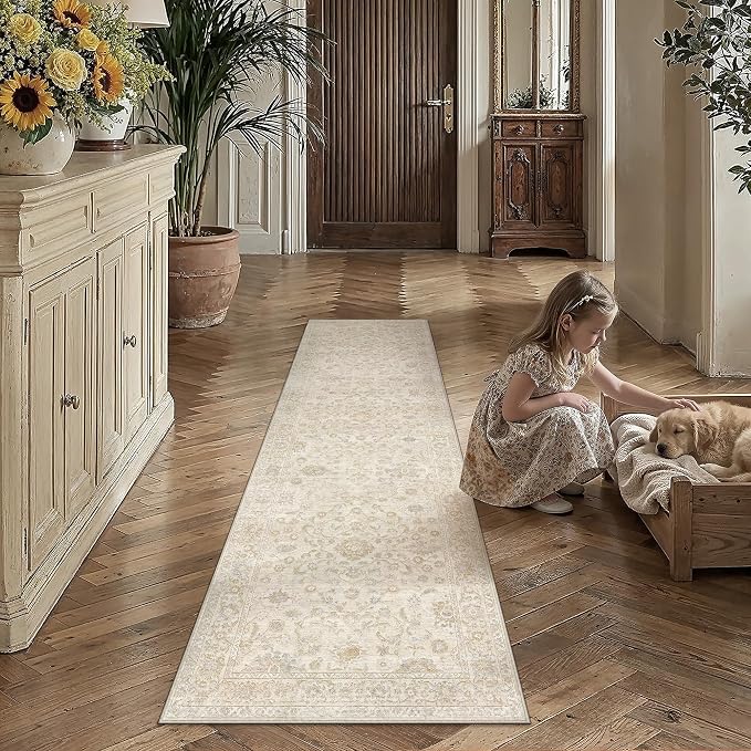 3x8 Beige Washable Runner Rug for Living Room Bedroom Neutral Soft Floral Non Slip Runner Rug Lightweight Vintage Low Pile Distressed Carpet Kitchen Hallway Bedroom Bathroom