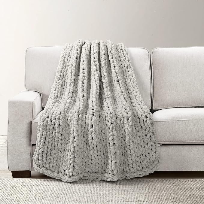 Lush Decor Hygge Ultra Soft Cozy Chenille Chunky Knit Blanket/Throw, 72" x 40", Light Gray