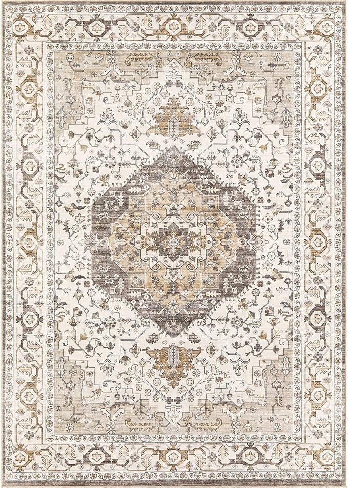 Area Rug for Living Room - 10x14 Soft Washable Oriental Vintage Floral Distressed Large Carpet - Fade Stain Resistant Non Slip Rugs for Bedroom Dining Room Nursery Dorm Office Home Decor-Camel/Beige