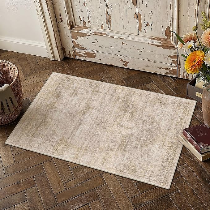 2x3 Washable Neutral Area Rug Beige Vintage Entryway Kitchen Carpet Non-Slip Soft Low Pile Oriental Indoor Small Throw Rug for Bedroom Bathroom Entrance