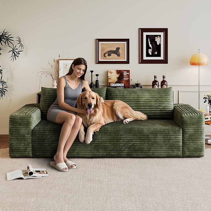 JINGLING 71" Small Couches for Small Spaces, Memory Foam Loveseat Corduroy Couch in a Box, Compressed Boneless Sofa for Living Room Bedroom, Apartment Furniture, No Assembly Required, Green