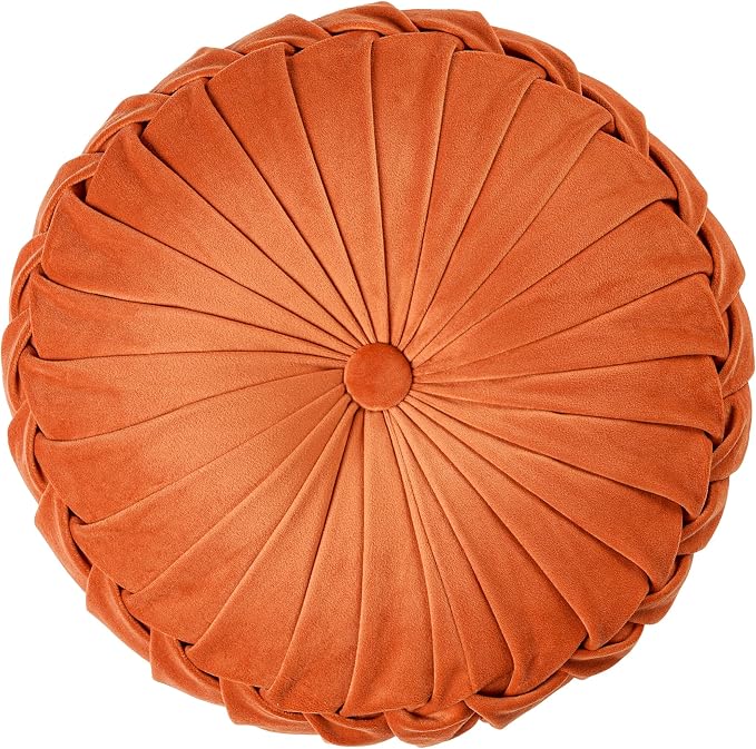 ROSE&RISY Round Pleated Velvet Throw Pillow, 1 Pack Decorative Accent Pumpkin Pillow Cushion for Couch Sofa Bed, Soft Plush Retro Vanity Throw Pillow for Home Decor, 14.5 Inch, Orange