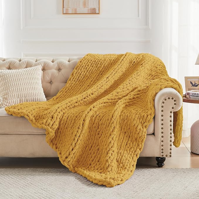 Carriediosa Chunky Knit Throw Blanket 50" X 60", 100% Hand Made Large Chenille Loop Yarn Soft Fluffy Throws for Couch Sofa Bed, Big Crochet Cozy Heavy Thick Cable Woven Blanket, Yellow