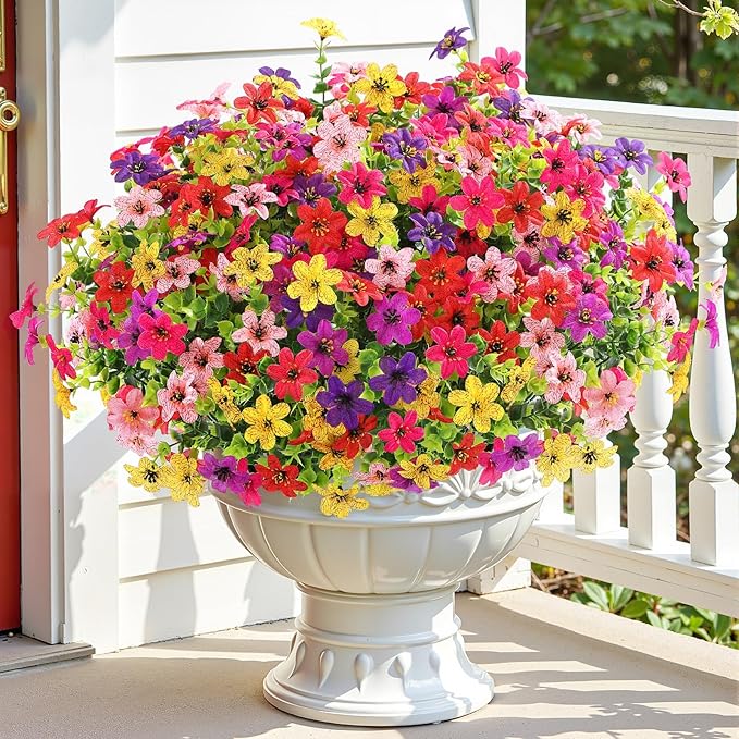 SHareconn 48 Bundles Artificial Flowers for Outdoors Spring Decoration, Fake Silk Realistic Faux Plants UV Resistant for Outside Planter Porch Patio Indoor Decor, RedRosePurpleYellowPinkDeeppurple