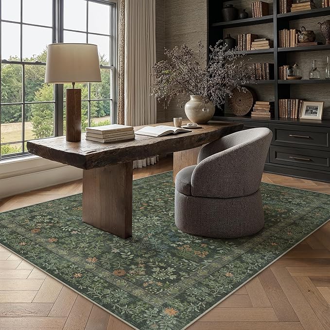 PureCozy 4x6 Dark Green Area Rug for Entryway Washable Vintage Floral Carpet Low Pile Non Slip Botanical Aesthetic Soft Accent Throw Rug Entrance Kitchen Bedroom Nursery Office Indoor