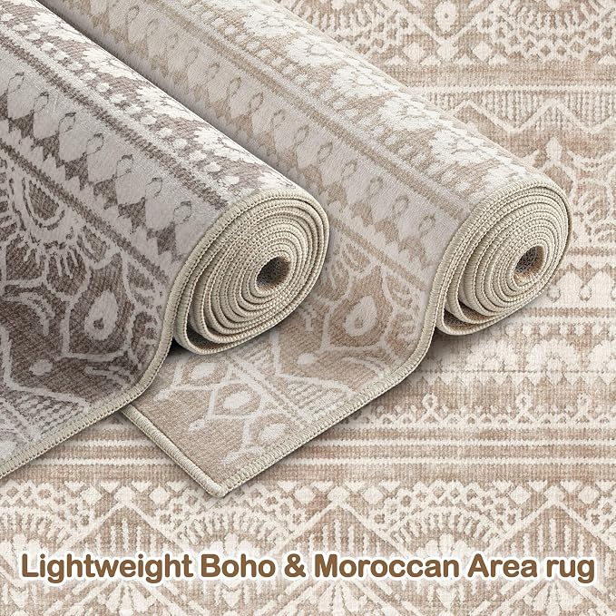 Tortania Area Rug Living Room Rugs - 8x10 Washable Large Soft Neutral Boho Moroccan Bohemian Farmhouse Rug Indoor Floor Carpet for Bedroom Under Dining Table Home Office Decor - Light Brown
