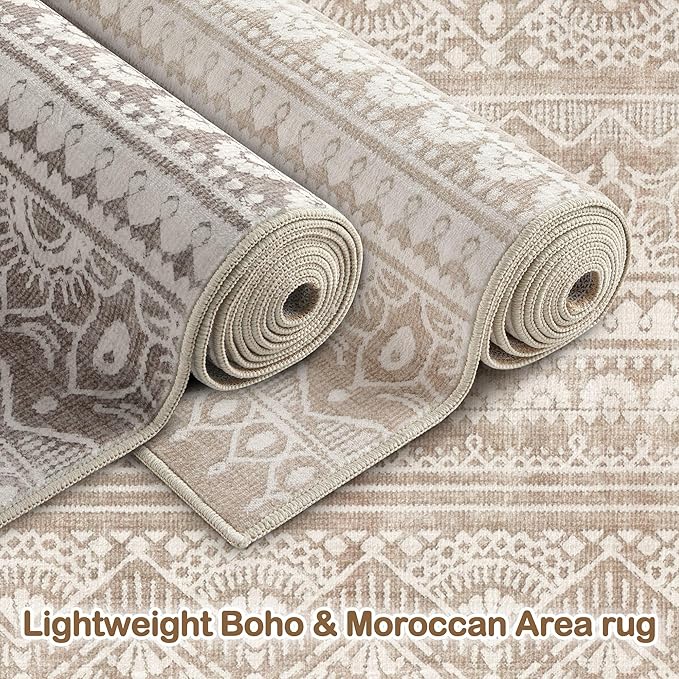 Tortania Area Rug Living Room Rugs - 6x9 Washable Large Soft Neutral Boho Moroccan Bohemian Farmhouse Rug Indoor Floor Carpet for Bedroom Under Dining Table Home Office Decor - Light Brown