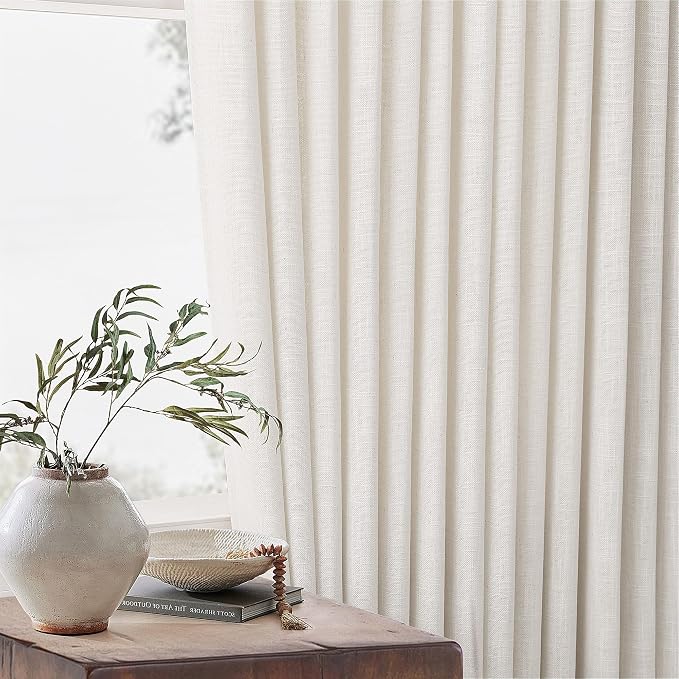 Natural Linen Pinch Pleated Curtains 120 Inches Long for Living Room Pleated Drapes Hooks Back Tab Thick Linen Textured Boho Farmhouse Cream Ivory Birch Extra Long 120 Inch Curtain for Dining Bedroom