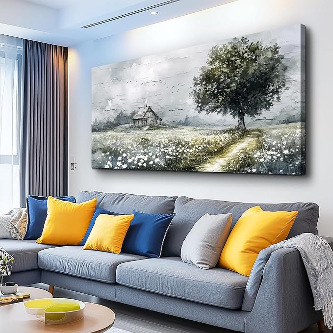 ERQINHUA Gray Large Canvas Wall Art For Living Room Farmhouse Wall Decor For Bedroom Office Home Decor Field scenery Paintings Tree Landscape Wall Pictures Printed Artwork Ready to Hang 30"X60"
