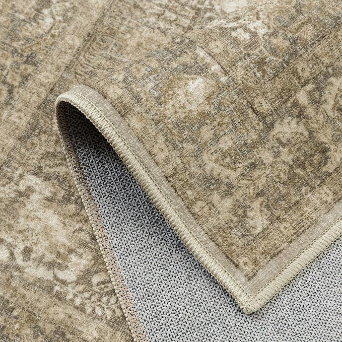 PureCozy Brown Area Rug 8x10 Machine Washable Large Vintage Living Room Distressed Non Slip Carpet Traditional Indoor Bedroom Retro Floral Accent Throw Rug for Office Kitchen Dining Room