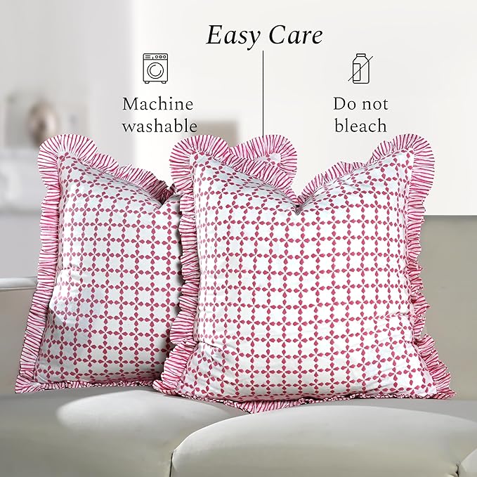 CPC Magenta Pink Hand Block Print 100% Cotton Ruffle Throw Pillow Cover 24x24 inch with Hidden Zipper Decorative for Couch, Bed, Sofa, Farmhouse, Cottagecore Decor Gift Christmas Fall Thanksgiving