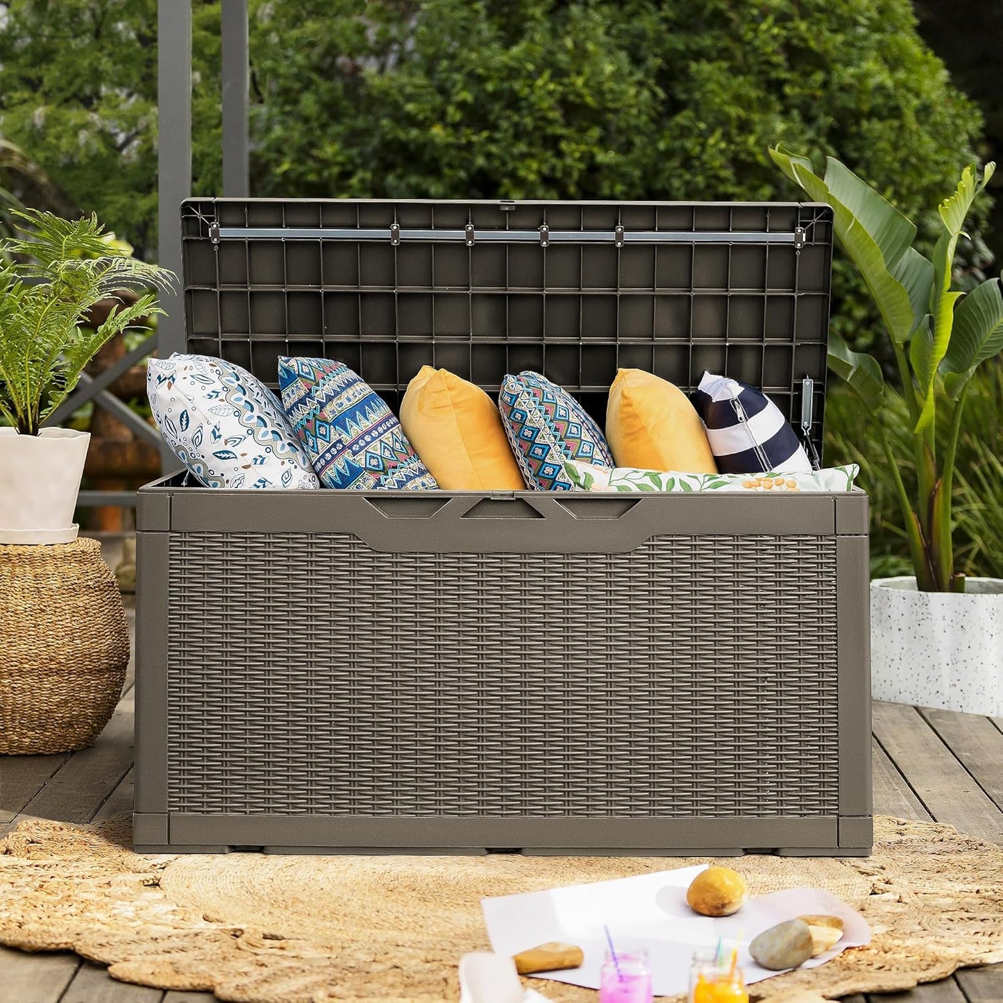 Flamaker Deck Box with Cushion 100 Gallon Waterproof Resin Storage Box with Air Rod Indoor Outdoor Lockable Storage Bench for Patio Furniture, Tools, Pool Accessories (Brown)