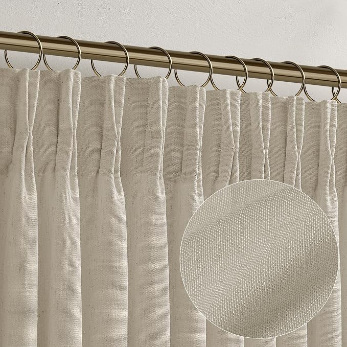 94 Inch Pinch Pleated Linen Curtains 2 Panels for Living Room Bedroom Country Farmhouse Burlap Flax Thick Linen Textured Semi Sheer Back Tab Pinch Pleat Hooks Rings 94 Inch Window Curtain Natural