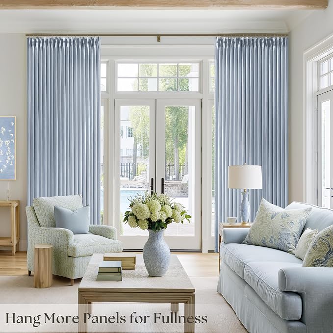 Dusty Blue Linen Curtains 96 Inches Long Memory Shape Trained Pinch Pleated Curtain for Living Room with Hooks Rings Back Tab Pinch Pleat Curtains 96 Inch Length for Bedroom Dining Room Blue Grey