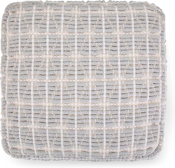 SIMPLIHOME Noreen Square Pouf - 18 inch Wide Upholstered Handwoven Cotton Ottoman in Light Blue and White, Boho Footstool or Extra Seating for Living Room with Polystyrene Filling, Assembled