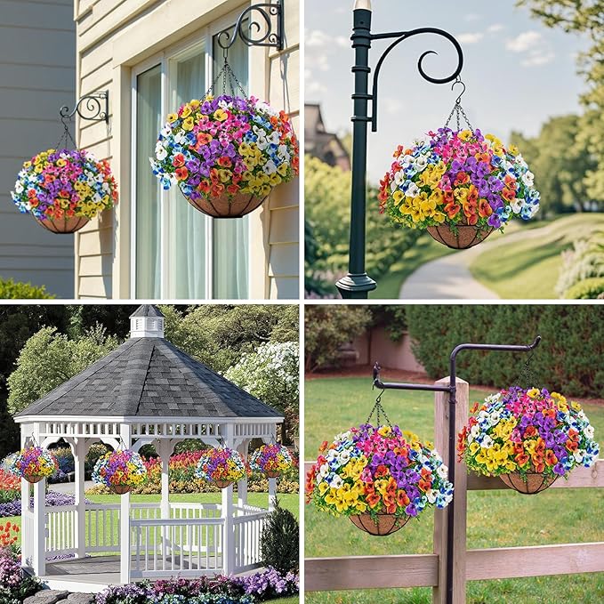 Artificial Hanging Flowers with Baskets for Outdoors, Fake Silk Pansy Flowers UV Resistant Faux Hanging Plants for Front Porch Patio Yard Home Spring Summer Decoration, Multicolor