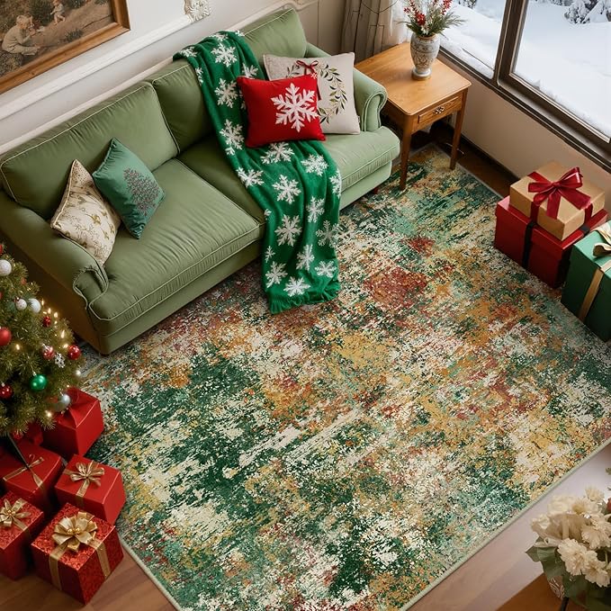 RELEANY Washable Area Rugs 8'x10' Non-Slip Modern Abstract Soft for Living Room Entryway Bedroom Nursery, Print Pattern, Green Orange Rust Red Cream Colorful
