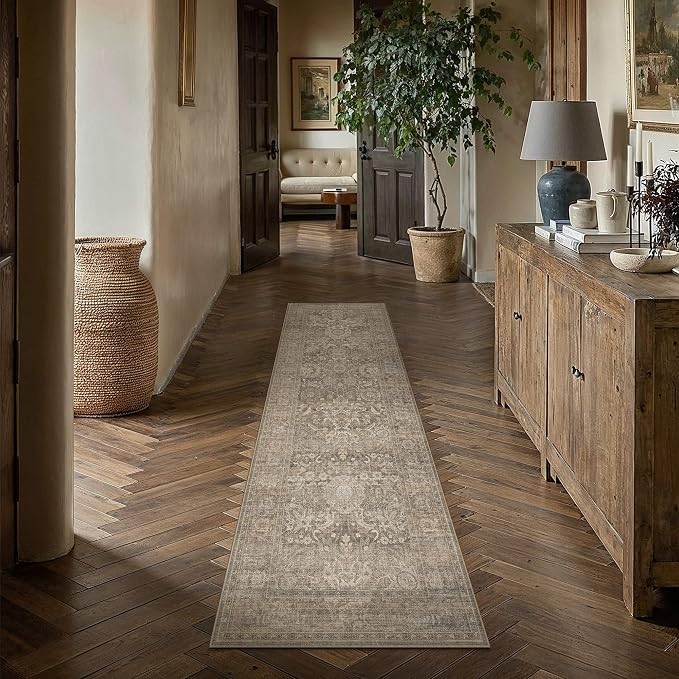 HUGEAR Hallway Runner Rugs 2x6 Light Brown Washable Rug Neutral Vintage Rug Carpet Distressed Soft Durable Non Slip No Shedding for Indoor Bedroom Kitchen Dining Nursery Laundry