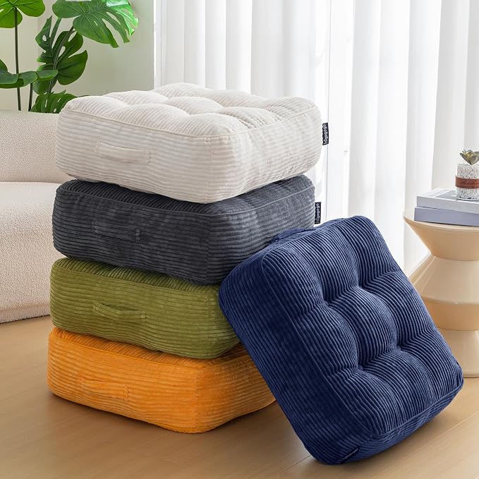 HIGOGOGO 8" Extra Thick Floor Pillow Cushion for Adults, Meditation Cushion Pillow, Large Square Floor Sitting, Tufted Corduroy Cover, for Tatami Living Room or Yoga, 22x22 Inch, 2Pack, Green