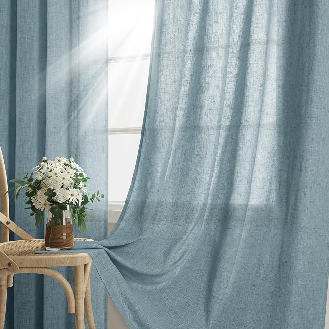 Blue 96 Inch Linen Curtains for Sliding Door Living Room Grommet Neutral Modern Boho Light Filtering Semi Sheer Stone Dusty Blue Seafoam Curtain Drapes for Bedroom Aesthetic 96 Inches Long 2 Panels