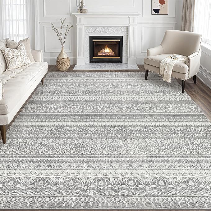 Tortania Area Rug Living Room Rugs - 10x12 Washable Large Soft Neutral Boho Moroccan Bohemian Farmhouse Rug Indoor Floor Carpet for Bedroom Under Dining Table Home Office Decor - Neutral Grey