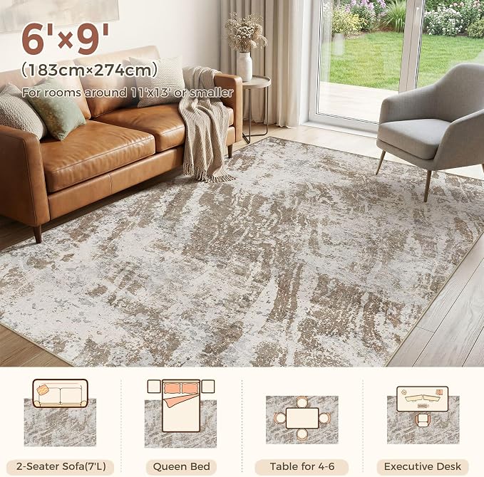 DMOYEST 6x9 Washable Area Rug: Abstract Modern Non-Slip Carpet, Soft Low Pile Indoor Neutral Easy Clean Floor Rugs for Living Room Bedroom Dining Room Kids & Pets - Brown