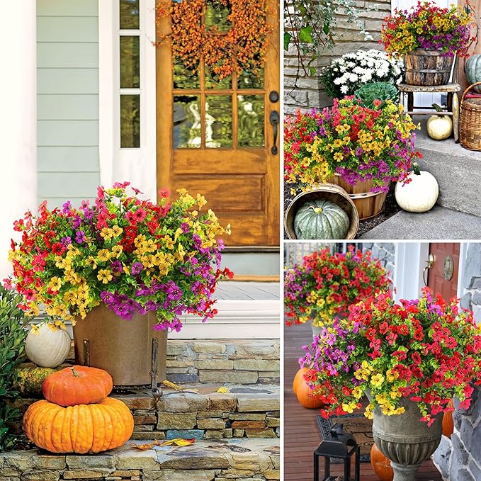 Rowfad 36 Bundles Artificial Flowers Outdoors UV Resistant Fake Plastic Spring Mum Flowers Colorful Silk Plants for Outside Porch Window Patio Home Decor(36, Red, Purple, Yellow, Rose Red)