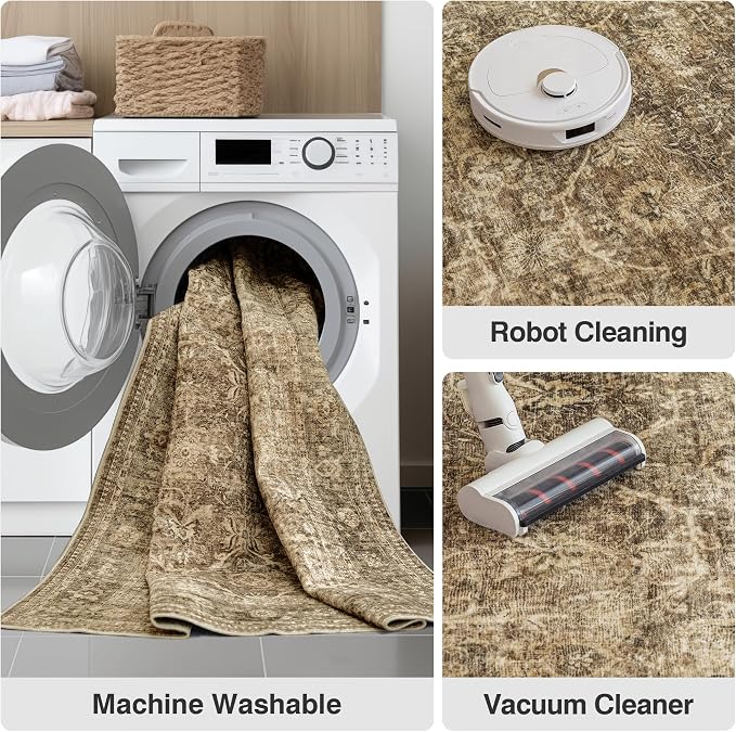 FMFUNCTEX 10x14 Washable Area Rug Brown Vintage Neutral Distressed Large Non Slip Carpet for Living Room Bedroom Soft Low Pile Indoor Mat Retro Floral Throw Rug for Dining Room Kitchen Office Nursery