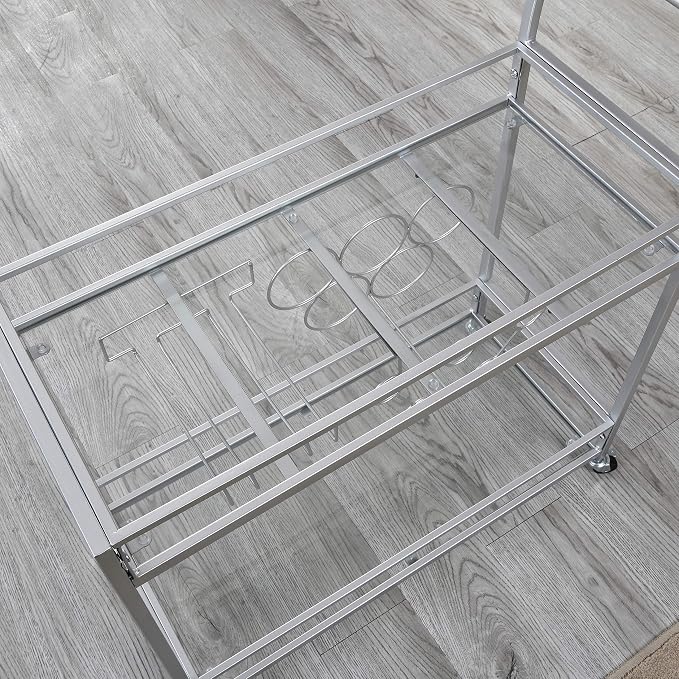 FirsTime & Co. Silver Delilah Bar Cart, 2 Tier Mobile Mini Bar, Kitchen Serving Cart and Coffee Station with Storage for Wine and Glasses, Metal and Glass, Modern