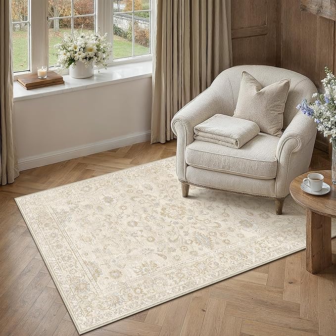4x6 Beige Washable Area Rug for Living Room Bedroom Neutral Soft Floral Non Slip Thin Throw Rug Lightweight Vintage Low Pile Distressed Carpet Laundry Dining Room Entrance Office Playroom