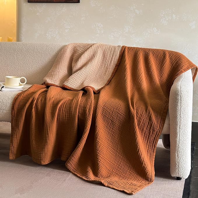 FALUCA Cotton Muslin Cooling Reversible Blanket King Size for Bed, Couch, Four Layers, Soft Lightweight Cozy Breathable Farmhouse Decoration for Summer, Camel