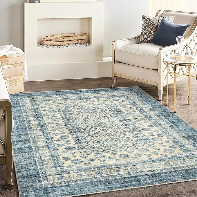 CHAMPLANT Washable Area Rug 4'x6' Vintage Traditional Floor Cover Foldable Thin Rugs Retro Kitchen Indoor Distressed Non Slip Carpet Floral Print Mat Bedroom Living Room