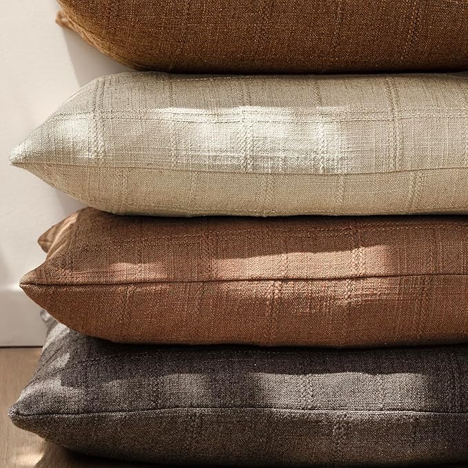 Foindtower Set of 2 Decorative Linen Check Throw Pillow Covers Neutral Farmhouse Lumbar Cushion Covers Modern Boho Home Decor for Sofa Chair Couch Bedroom Living Room,12×24 Inch,Dark Brown