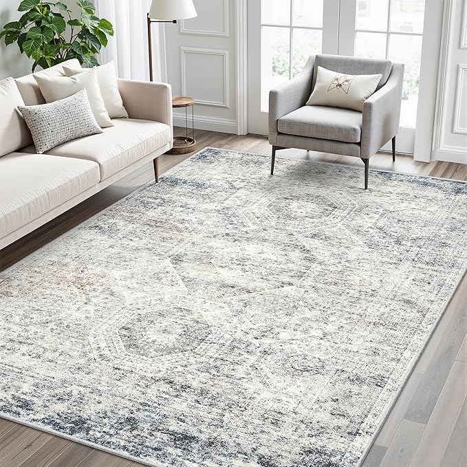 Soalmost 5x7 Area Rugs Blue Ivory Low Pile Indoor Washable Trendy Faded Style Rugs for Bedroom Living Room Dining Room Foldable Non-Slip Thin Print Mat