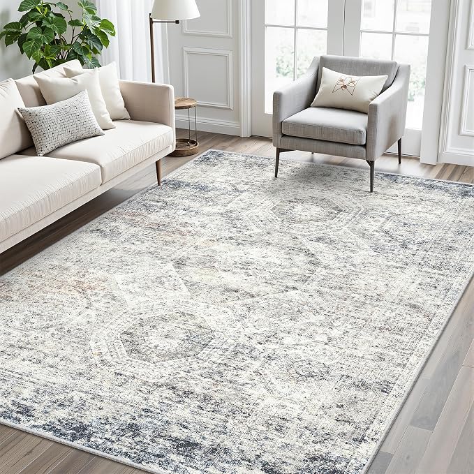 Soalmost 5x7 Area Rugs Blue Ivory Low Pile Indoor Washable Trendy Faded Style Rugs for Bedroom Living Room Dining Room Foldable Non-Slip Thin Print Mat