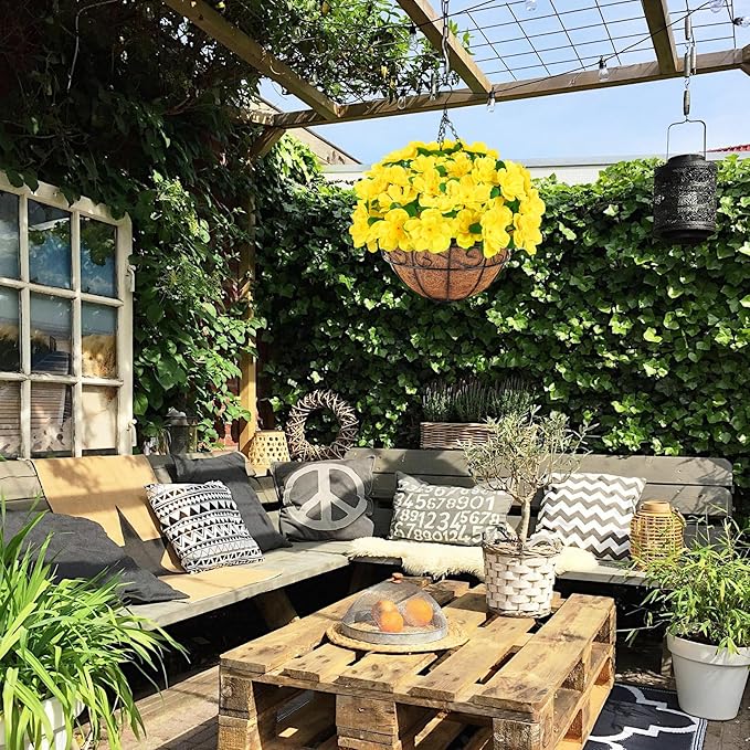 Ouddy Decor Artificial Hanging Flowers with Basket, Silk Azalea Flowers in Coconut Basket, Fake Hanging Plants Artificial Decor for Outdoor Indoor Yard Garden Patio Home Room Porch Decor (Yellow)