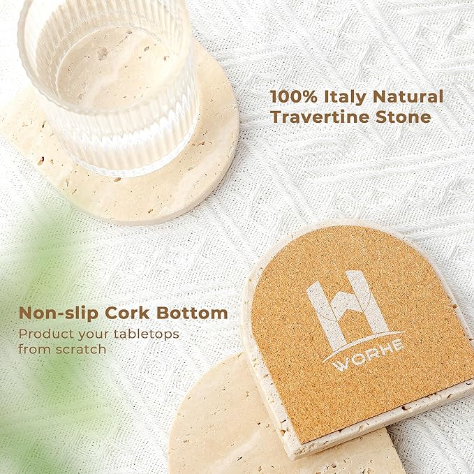 Marble Coaster for Drinks Set of 5 Natural Travertine Coasters for Home Decor Coffee Table, Modern Style Stone Cup Mat for Housewarming Party Hotel Bar Christmas Anniversary Present Beige(DL020)