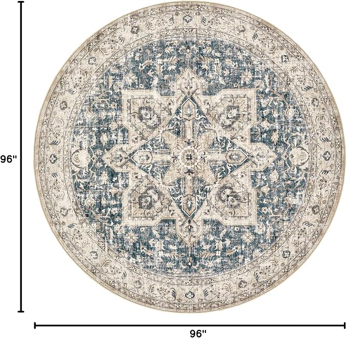 Tortania 8' Round Area Rug Living Room Rugs - Washable Boho Rug Vintage Oriental Distressed Farmhouse Large Thin Indoor Carpet for Bedroom Under Dining Table Home Office - Cream/Blue