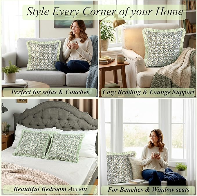 Ridhi Block Print Bloom Bubbles Throw Pillow Cover 18" x 18" (Pack of 2) Decorative Cushion Covers with Ruffle for Couch, Sofa, Bed, Living Room, Home Decor Gift for Spring, Easter, Valentine