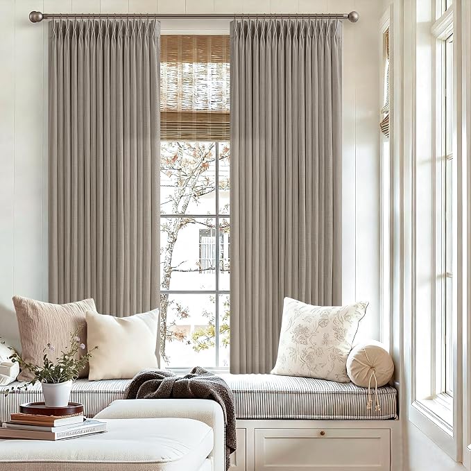 Textured Semi Sheer Burlap Curtains 72 Inches Long Neutral Country Tan Brown Flax Linen Light Filtering Pinch Pleated Curtains Back Tab for Door Cabin Closet 2 Panels Set Burlywood Birch Taupe