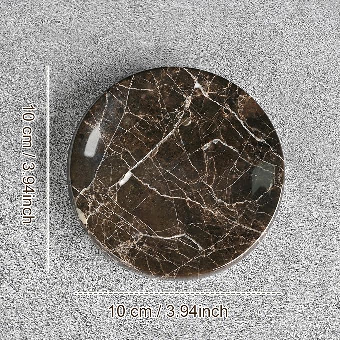 Emperador Dark Marble Jewelry Dish 4”, Brown Natural Stone Trinket Tray for Rings Earrings Bracelets, Round Marble Soap Dish for Bathroom Kitchen, Classic Decorative Catchall for Home & Tabletop