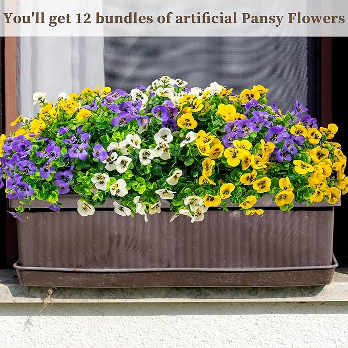 ColoPlay 12 Bundles Artificial Fake Pansy Flowers for Outdoor - Yellow, White & Purple Faux Pansies Flowers, Fake Flowers for Outdoor Planters, Porch, Garden, Window Boxes, and Home Decoration