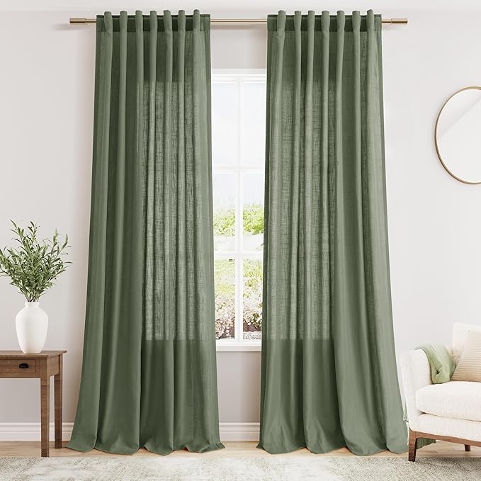 Nanspring Olive Green Linen Sheer Curtains for Living Room 2 Panels Set 106 Inch Length Back Tab Light Filtering & Breathability Semi Sheer Curtain Drapes for Bedroom 52x106