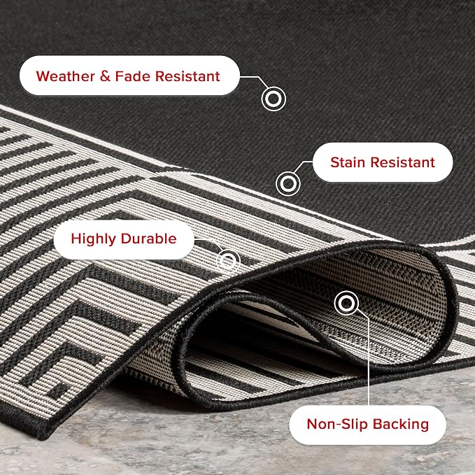 Nuloom Asha Black/Ivory, 9'6" x 12', Casual, Striped Border, Soft and Cozy, High Traffic, Stain Resistant, Easy Clean, Durable Area Rug for Indoor/Outdoor Patio, Deck, Porch, Garden, Courtyard